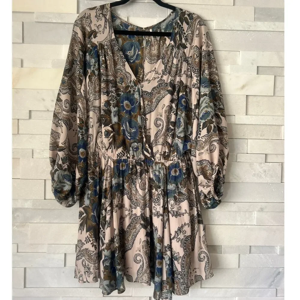 FREE PEOPLE High Plains Flounce Romantic Wrap Front V Neck Dress M Boho Feminine